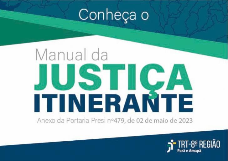 Arte gráfica em fundo branco com detalhes azuis e verdes. Ao centro: "Manual da Justiça Itinerante"