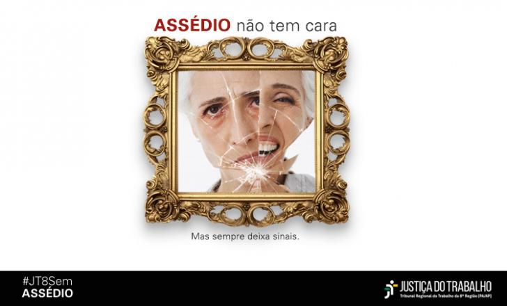 Arte gráfica na cor branca, com a temática #JT8SemASSÉDIO