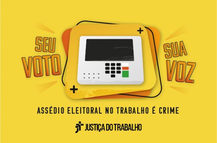 Arte gráfica nas cores amarelo preto. No centro a ilustração de uma urna eletronica junto do texto: Seu voto, sua voz.