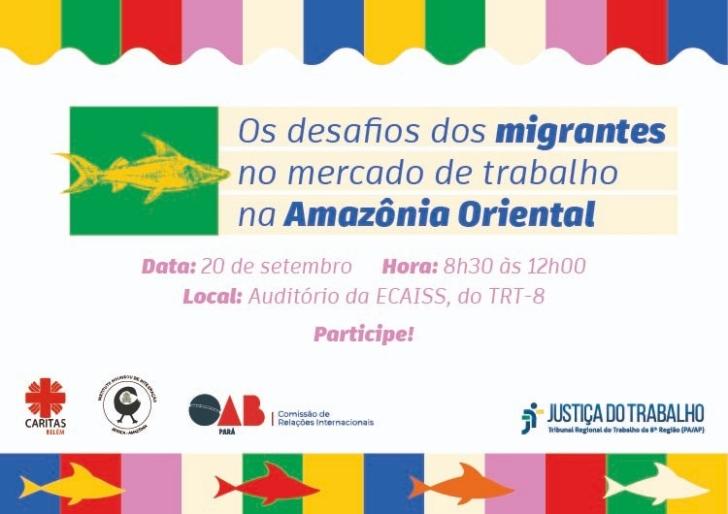 Arte gráfica com fundo branco. No centro, o texto: Os desafios dos migrantes no mercado de trabalho na Amazônia