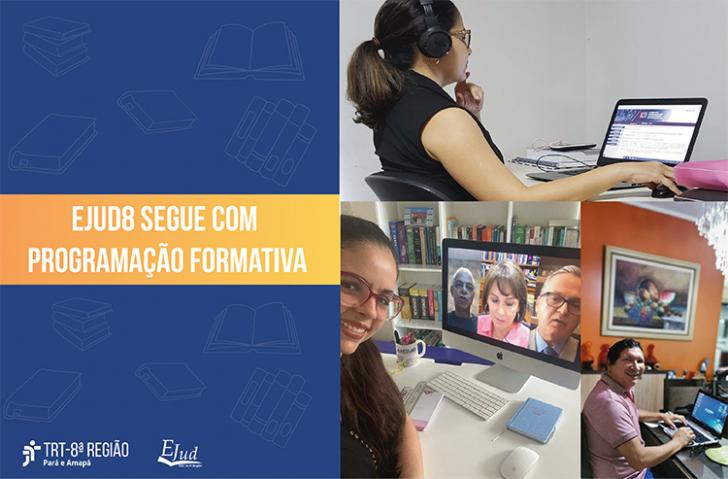 arte em azul e laranja com duas fotos de servidores em teletrabalho