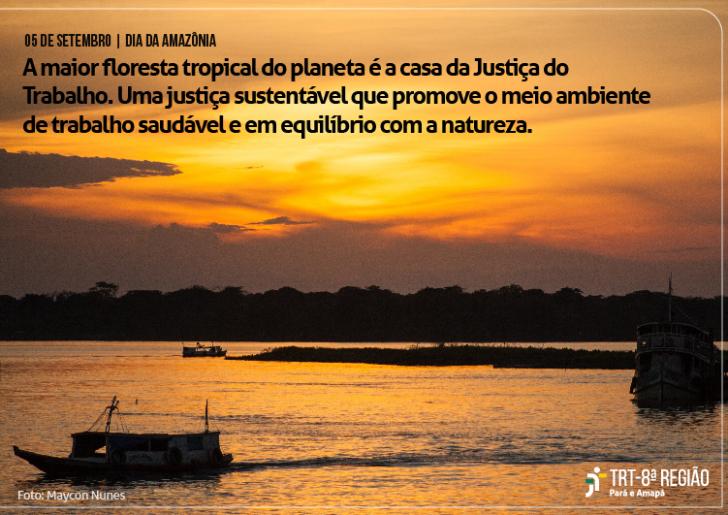 Foto do pôr-do-sol, com mata ao fundo e embarcações navegando sobre um rio.